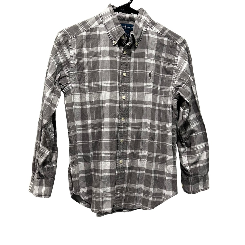 Ralph Lauren‎ Boys Grey White Plaid Button Down Shirt Size M 10-12 Long Sleeve